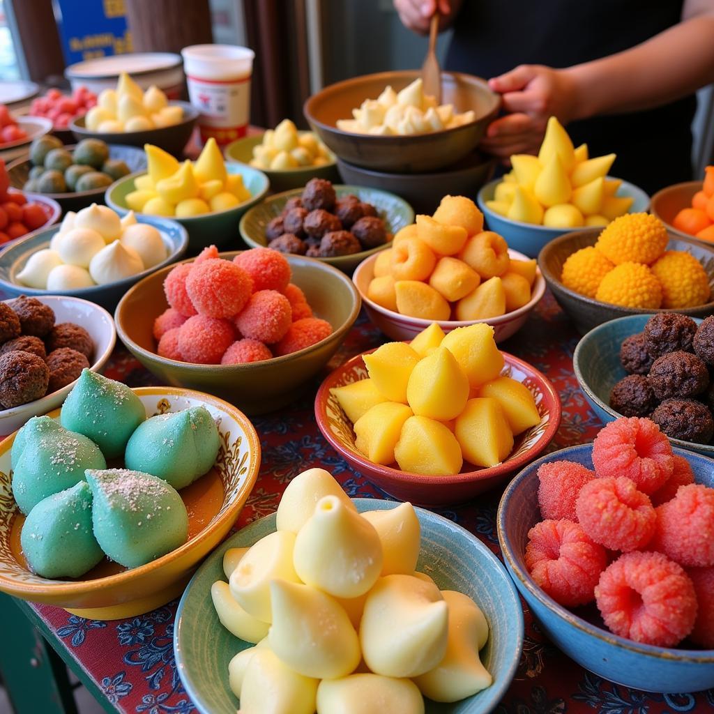 Hanoi Che Variety: A colorful assortment of traditional Vietnamese sweet soups and puddings displayed in bowls, ready to be enjoyed.