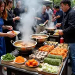 Hanoi street vendors selling cheap and delicious Korean street food like tteokbokki and kimbap.