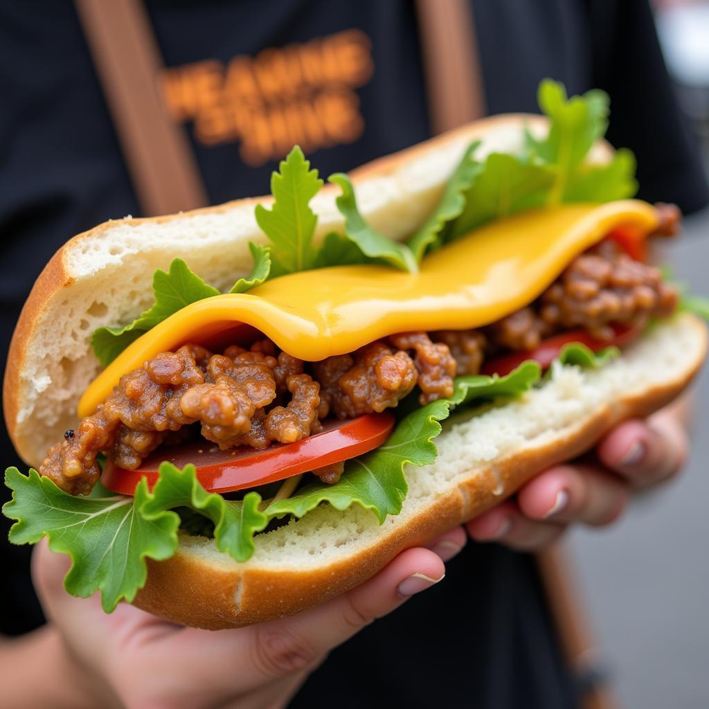 Close up of a banh mi with cheese and other fillings