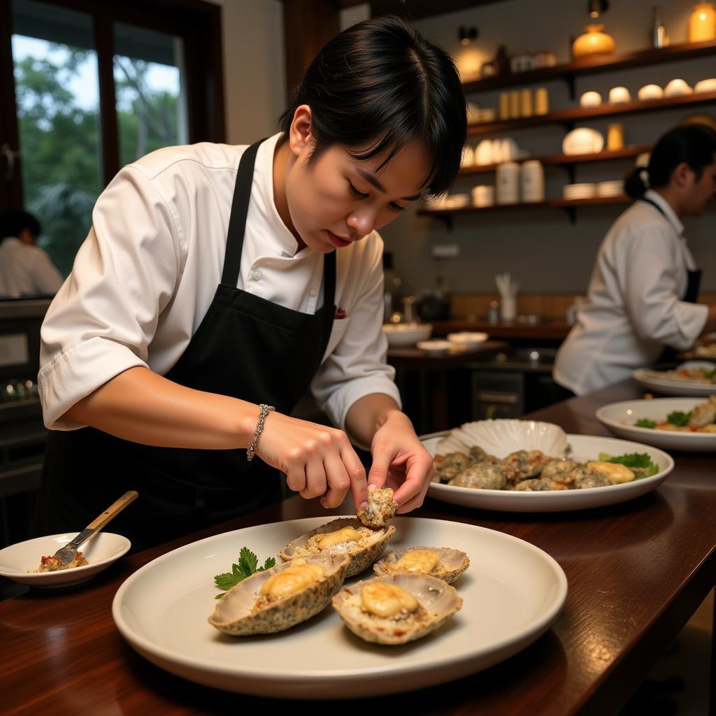 Hanoi chef preparing abalone