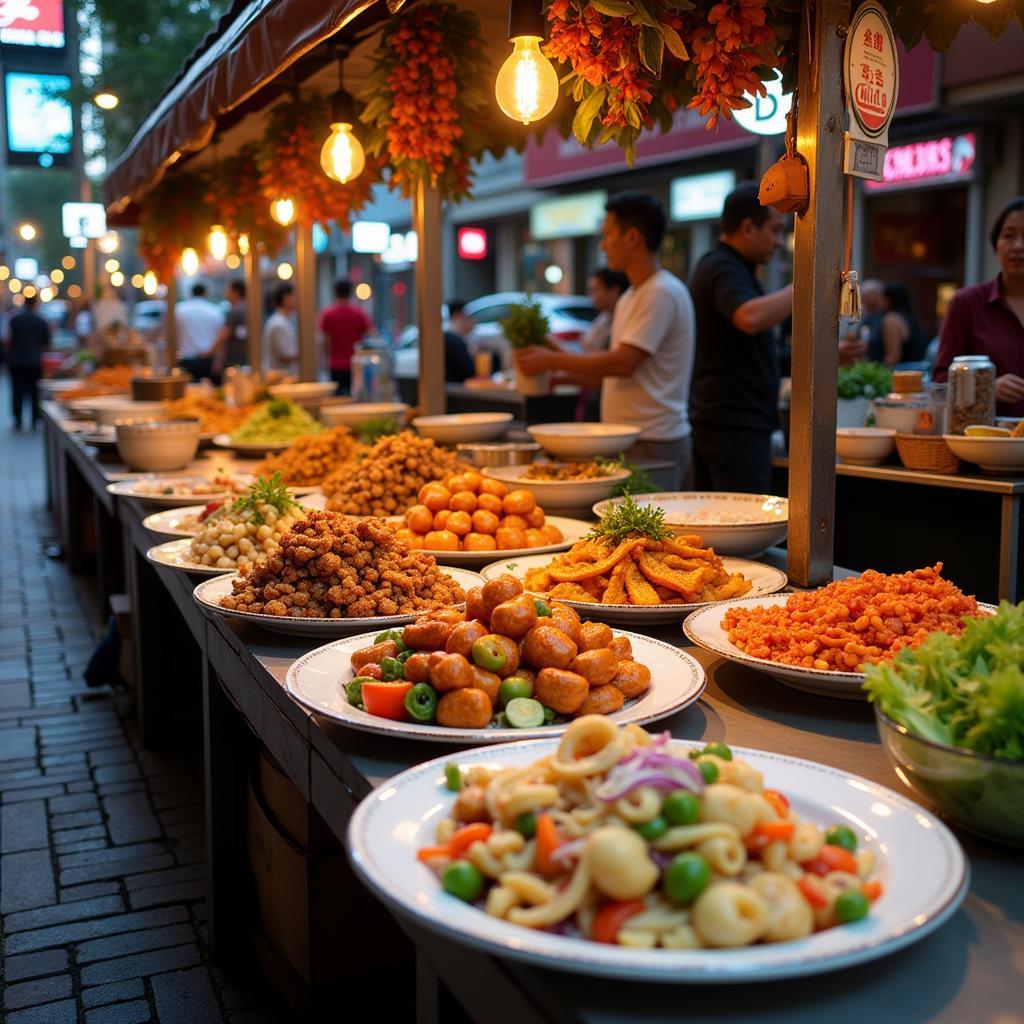 Hanoi street food stalls showcasing various "cheo" dishes.