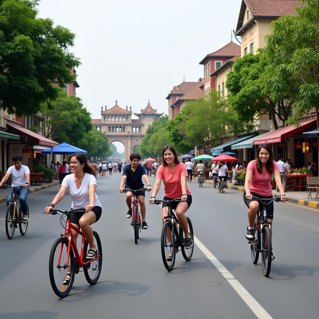 Tourists on a bike tour through Hanoi, enjoying the sights and getting exercise to improve blood circulation.