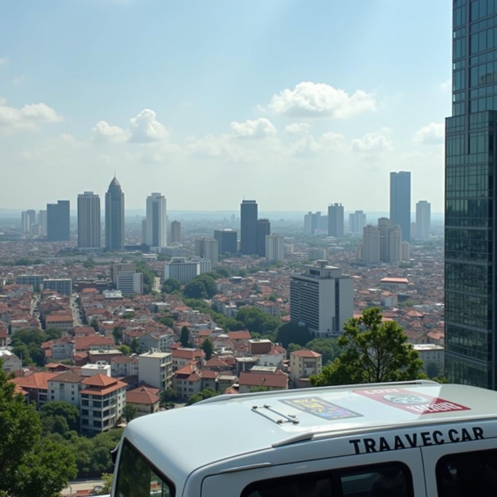 Hanoi cityscape with TRAVELCAR logo subtly placed