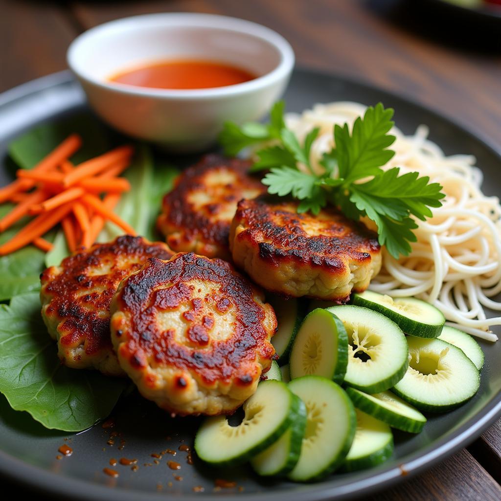 A plate of Bun Cha, a popular Hanoi comfort food, ready to be enjoyed.