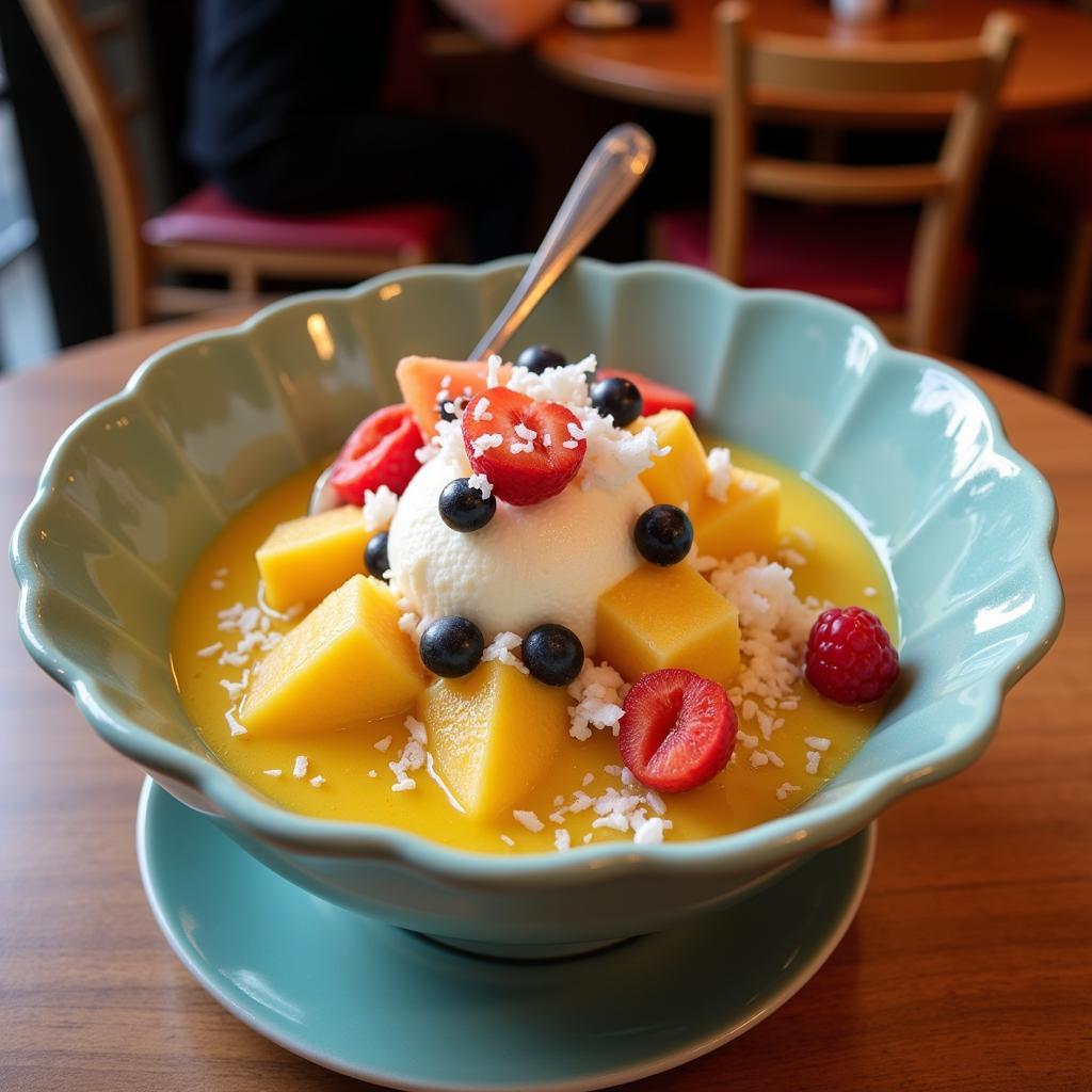 A bowl of Che, a traditional Vietnamese dessert, served in a Hanoi cafe.