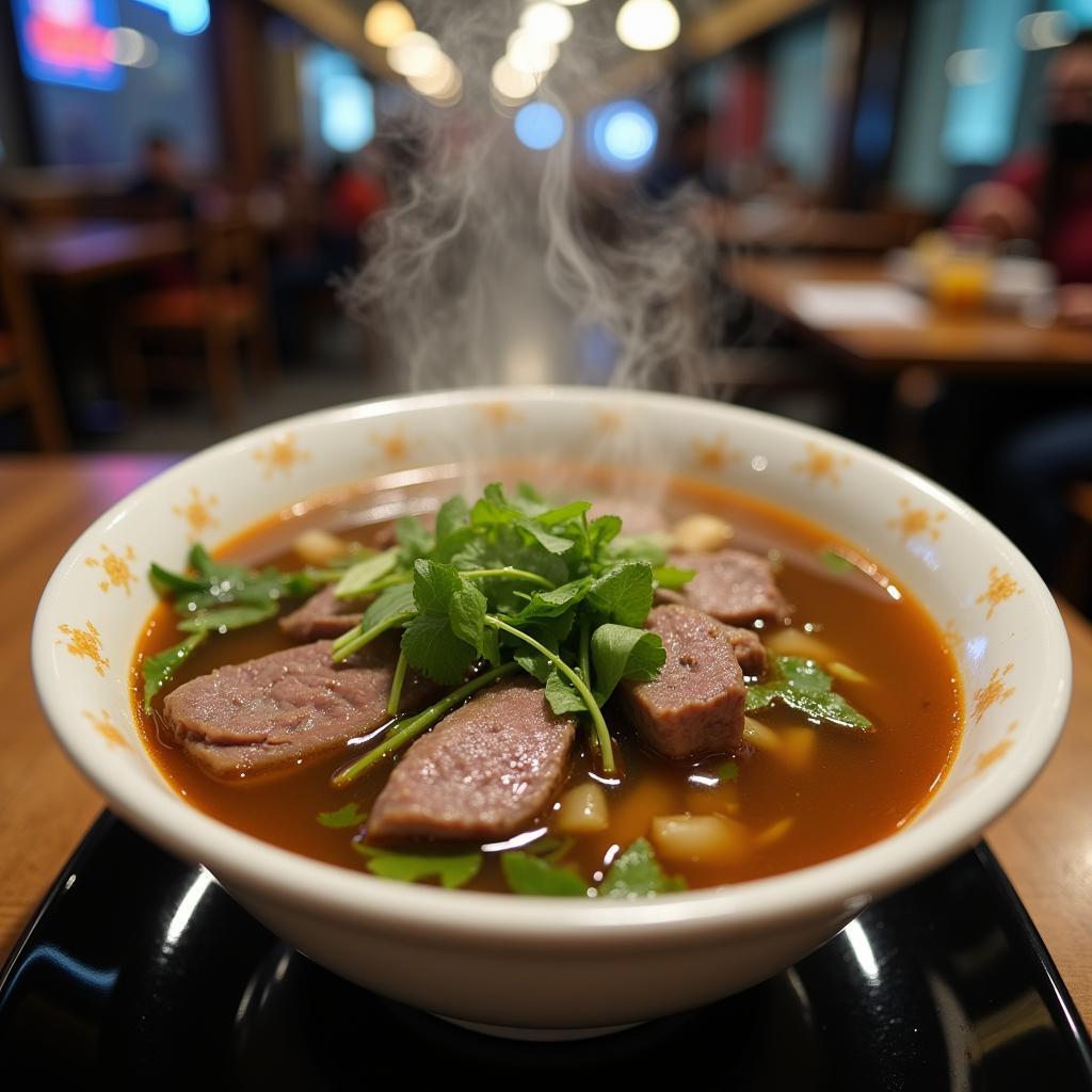 A steaming bowl of pho, Hanoi's signature dish, garnished with fresh herbs and spices.