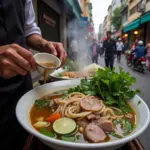 Hanoi street vendor serving a steaming bowl of Pho, a popular comfort food.