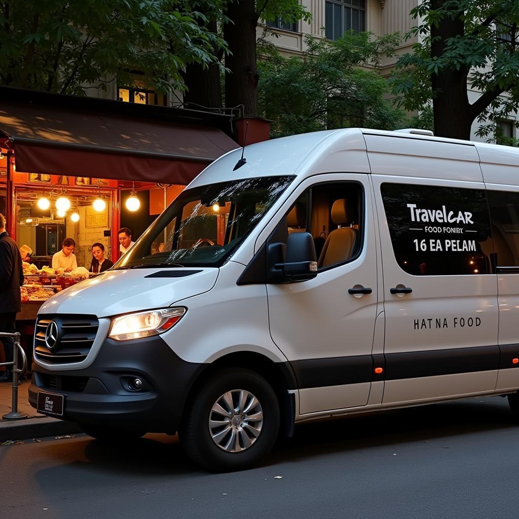 Hanoi Culinary Adventure with TRAVELCAR: A comfortable 16-seater van from TRAVELCAR parked near a bustling street food market in Hanoi, offering convenient transportation for exploring the city's culinary delights.