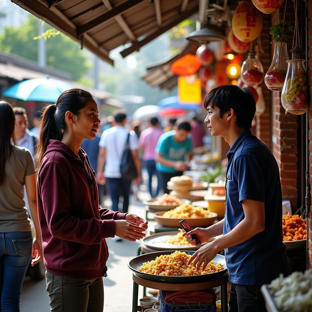 A tour guide interacting with locals in a traditional Hanoi market