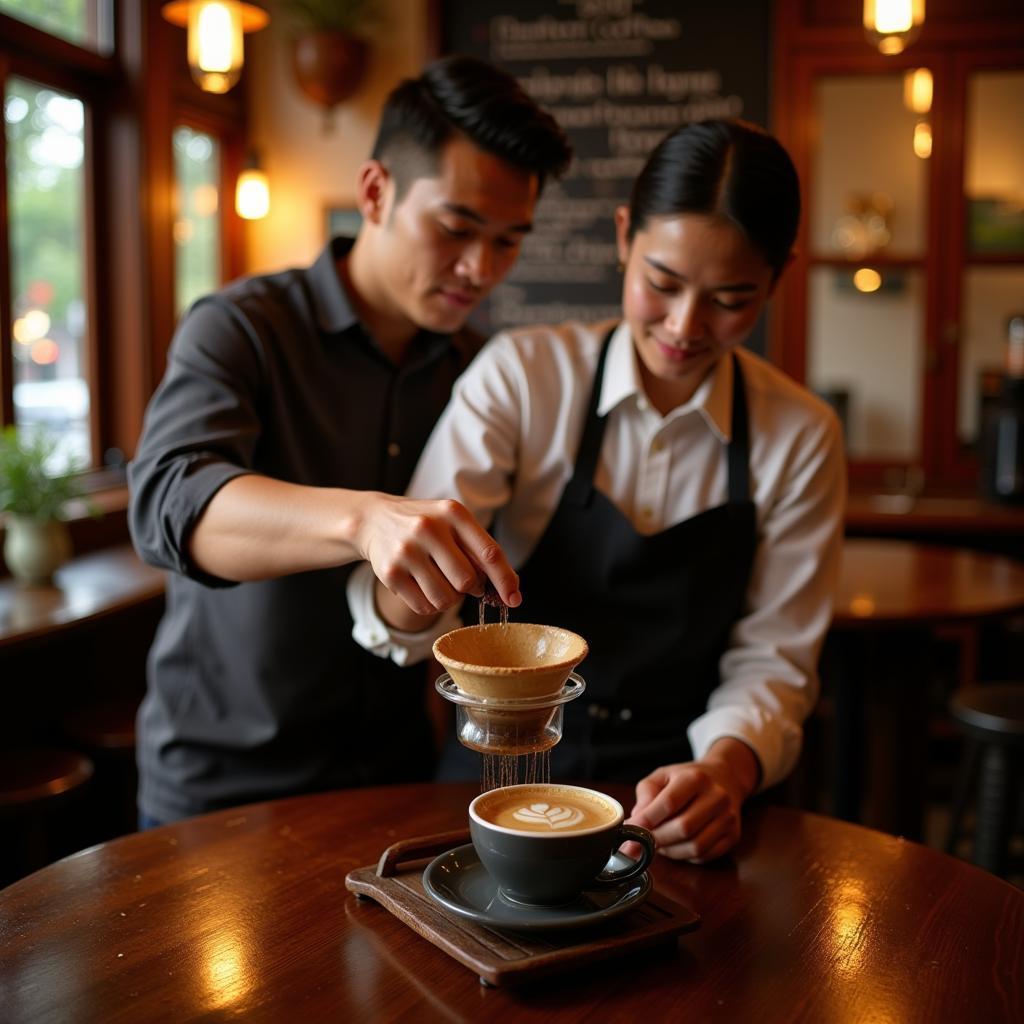 Hanoi Decaf Coffee Shops: A cozy cafe in Hanoi serving decaf coffee. A barista is preparing a cup of decaf coffee using a traditional phin filter.