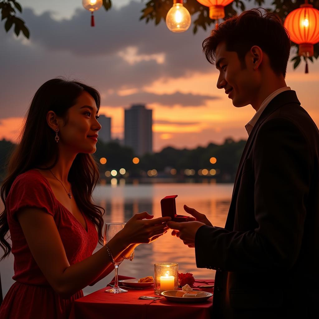 Presenting an engagement ring in a romantic setting in Hanoi