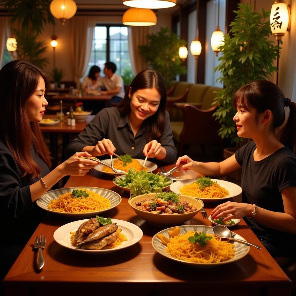 A family enjoying cha ca La Vong in a Hanoi restaurant