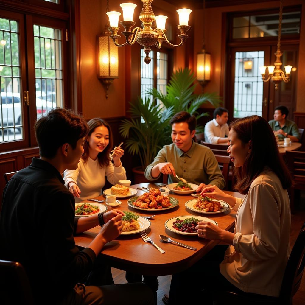 A Hanoi family enjoying a traditional dinner at a local restaurant.