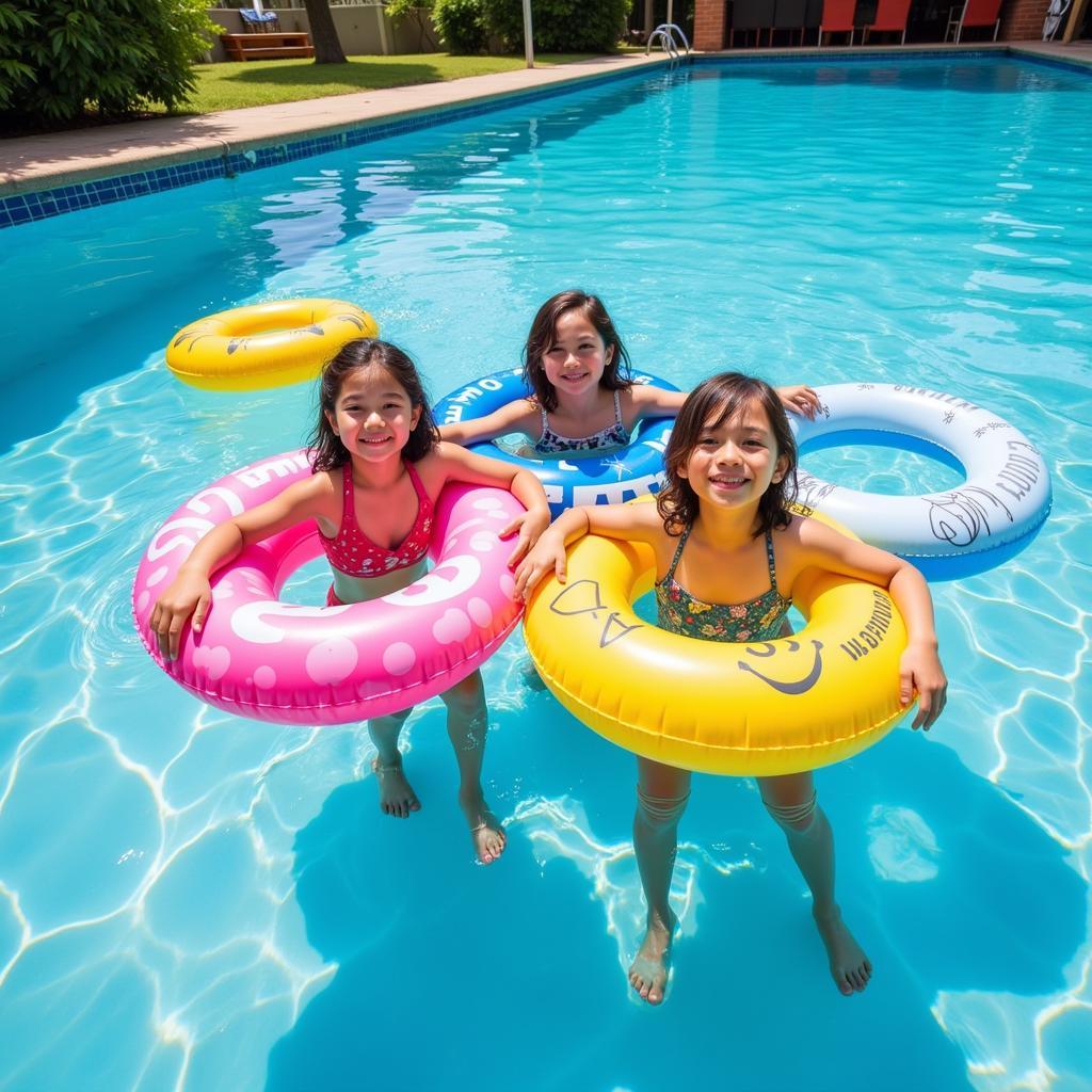 Family enjoying pool floats in a Hanoi pool