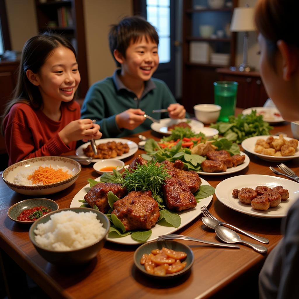 A Hanoi family enjoying a meal of rustic pork dishes together