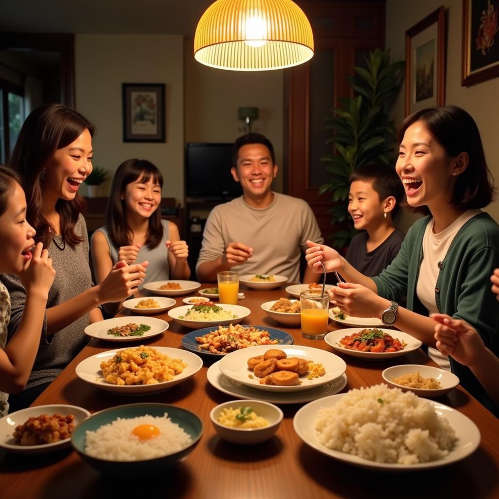 A family enjoying various Hanoi rice dishes at a local restaurant.