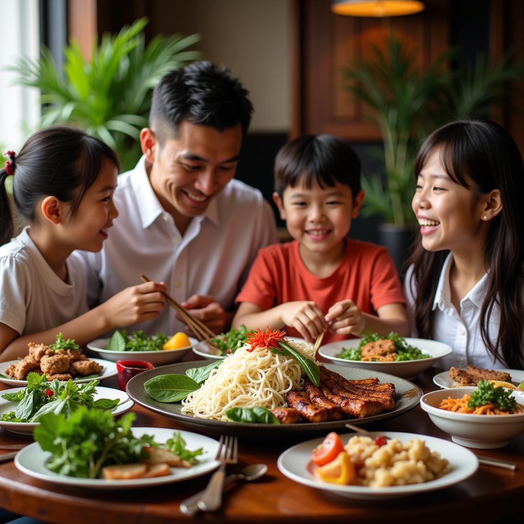 Family enjoying Bun Cha in Hanoi