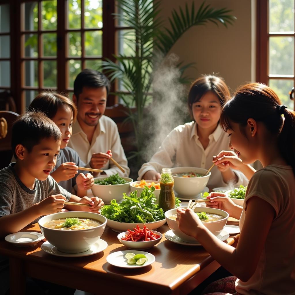 A Hanoi family enjoying a meal of pho