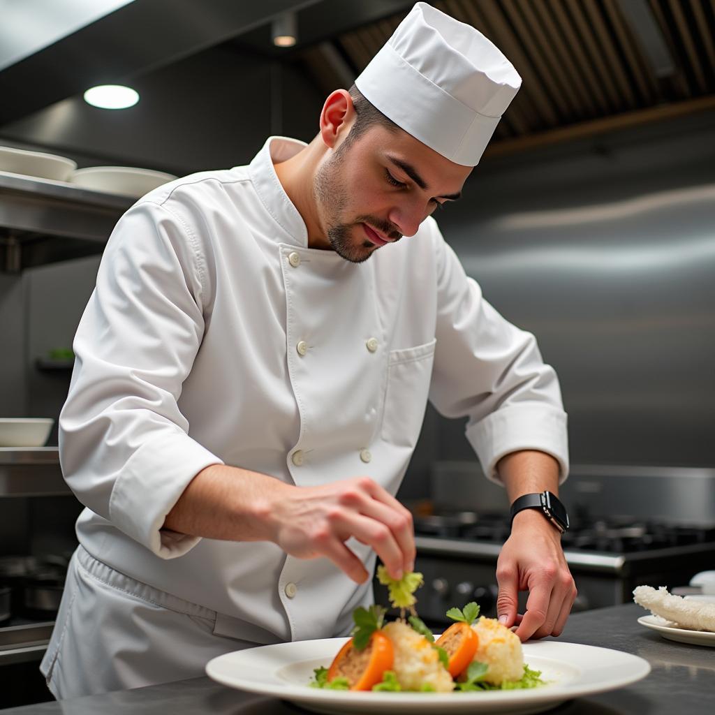 A chef meticulously preparing a dish in a Hanoi fine dining restaurant kitchen.