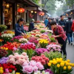 Hanoi Flower Market at Quang Ba: A vibrant display of colorful flowers.