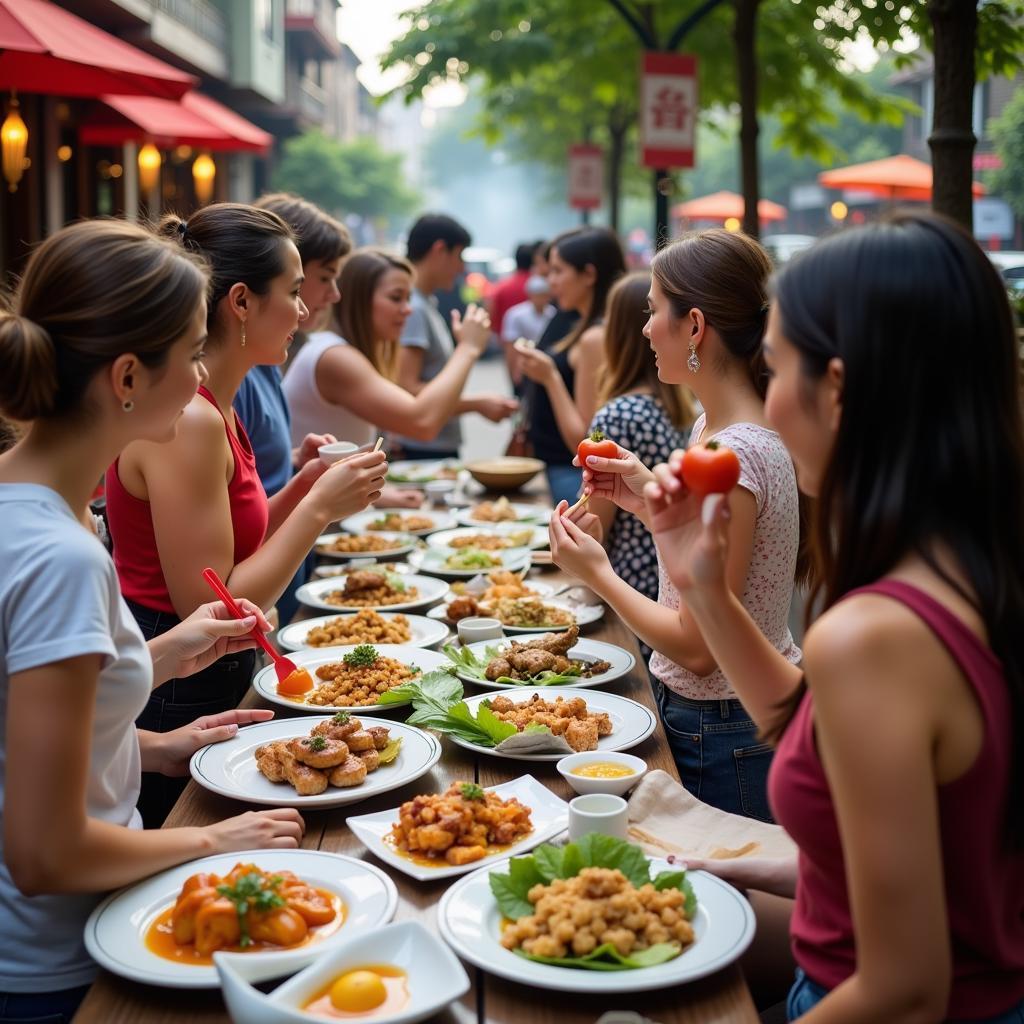 Hanoi Food Tour Group: A group of tourists enjoying a guided food tour through the streets of Hanoi.