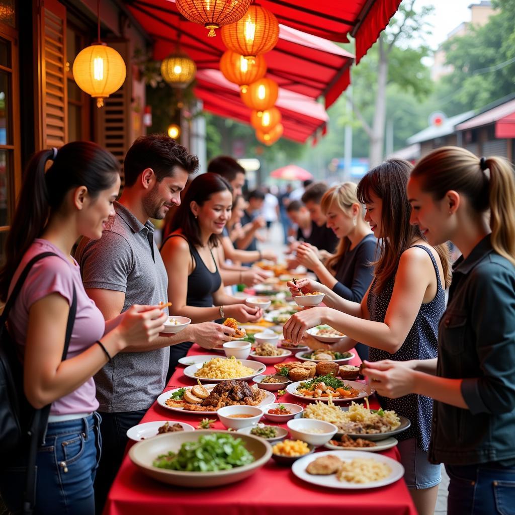 A group of tourists enjoying a food tour in Hanoi.