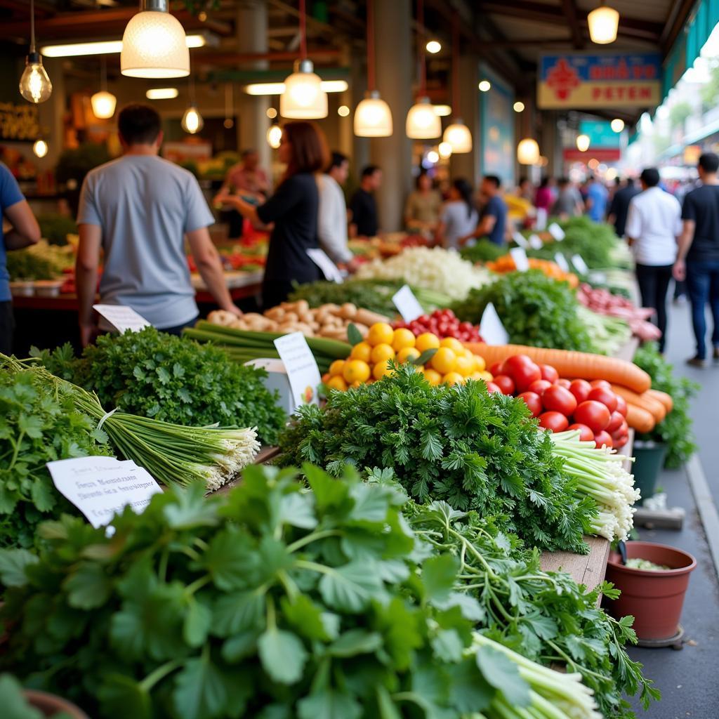 Vibrant Hanoi fresh herb market bustling with locals selecting heart-healthy ingredients.