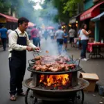 Hanoi street food vendor preparing goat meat dish