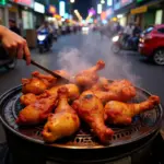 Grilled chicken feet being prepared on a street vendor's grill in Hanoi