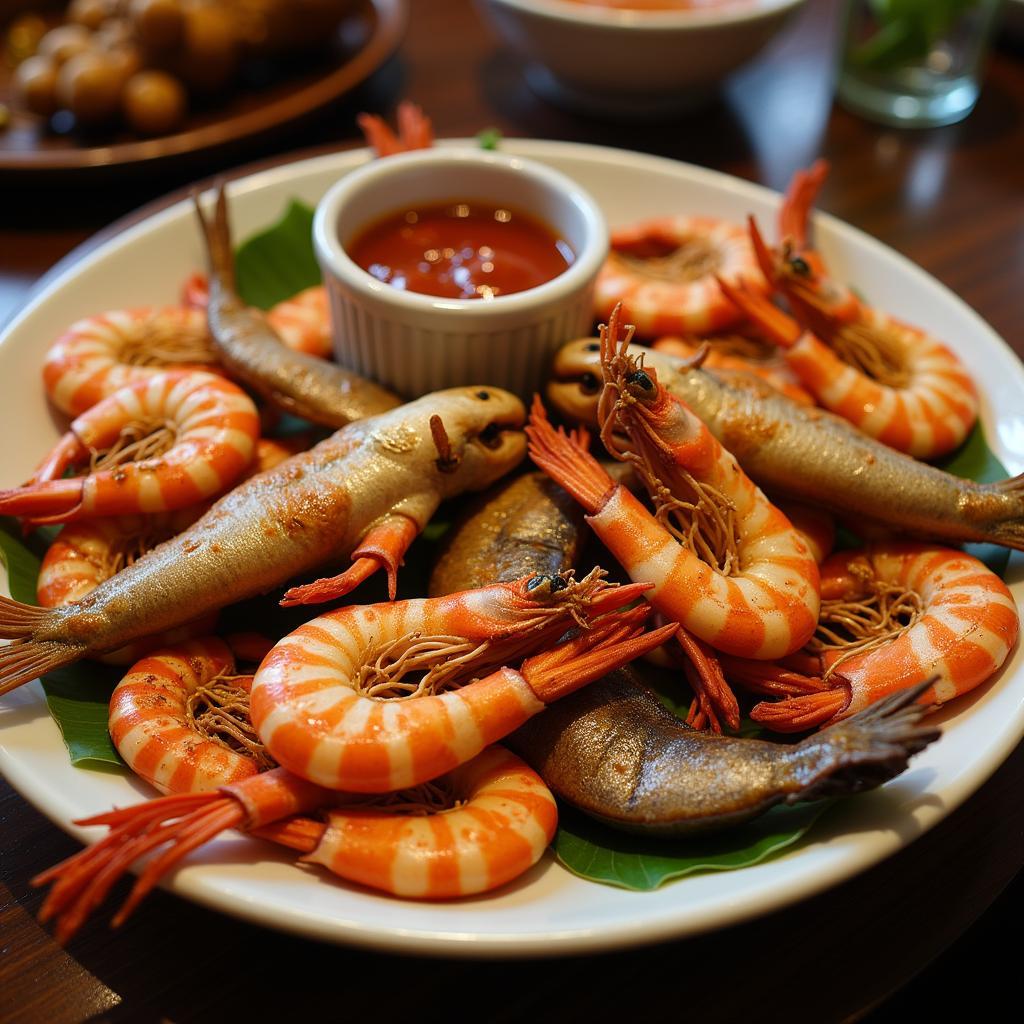 Close-up of grilled seafood platter in a Hanoi restaurant