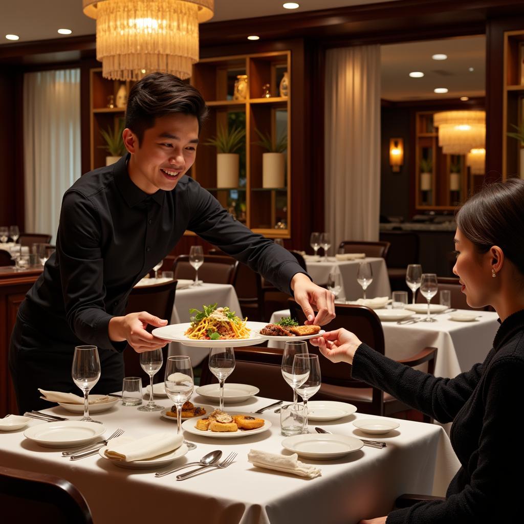 Hanoi High-End Dining Experience - An elegant restaurant setting with beautifully presented dishes.