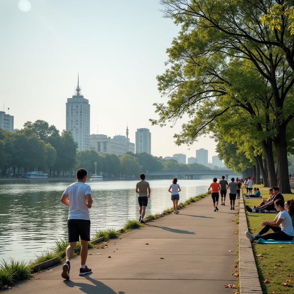 Exercising by Hoan Kiem Lake