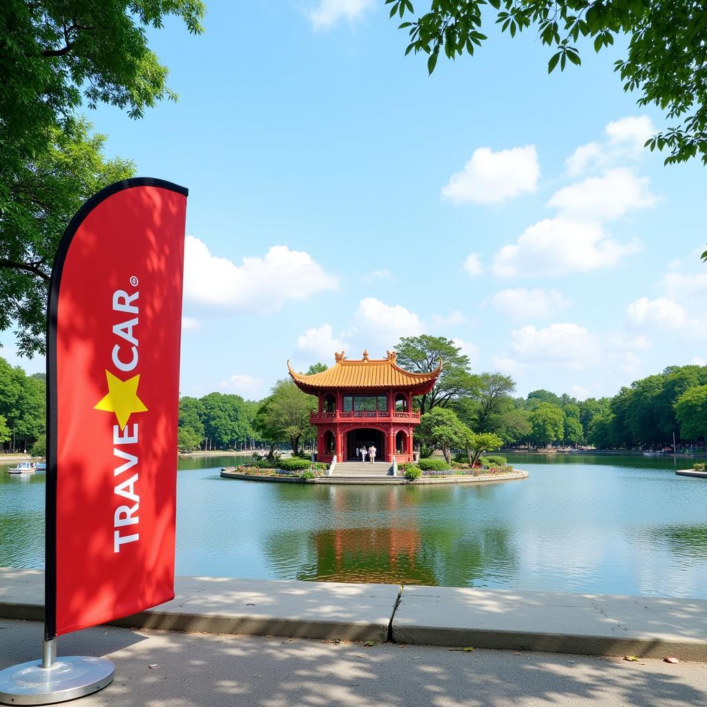 Ngoc Son Temple on Hoan Kiem Lake with a TRAVELCAR banner