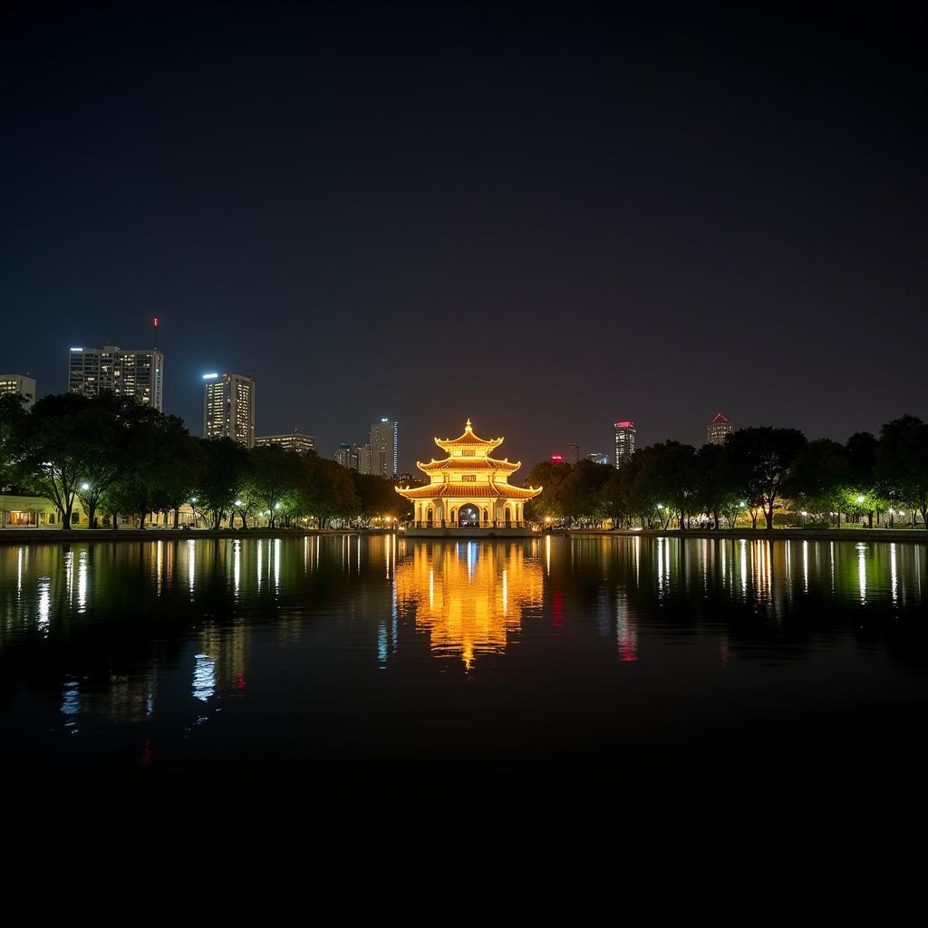 A stunning night view of Hoan Kiem Lake, with the Ngoc Son Temple illuminated against the backdrop of the city lights.