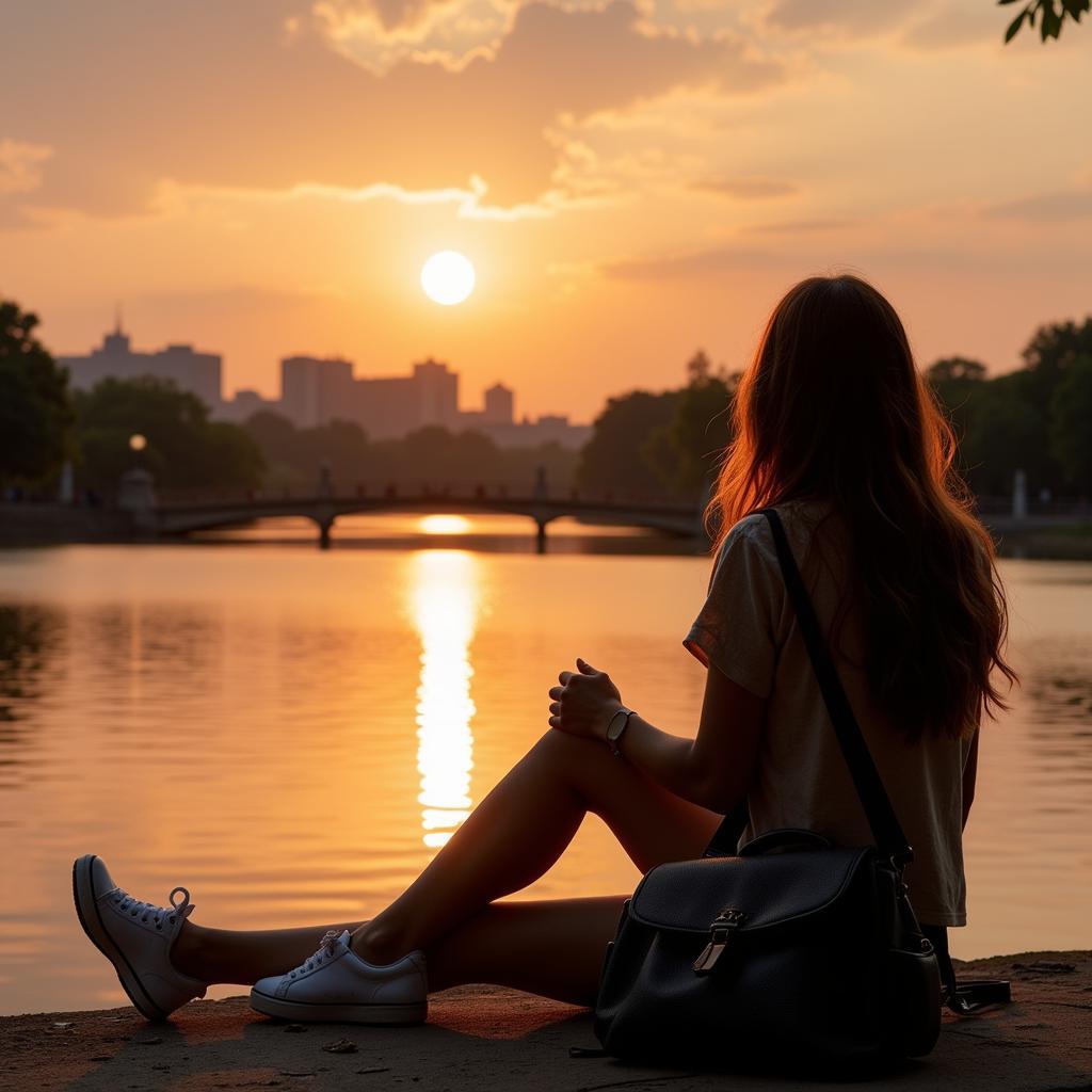 Solo female traveler enjoying sunset at Hoan Kiem Lake in Hanoi