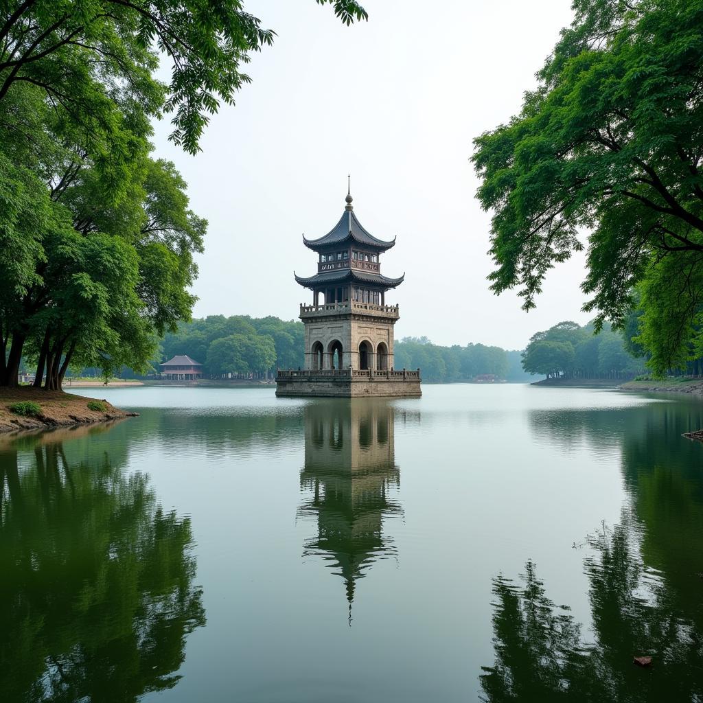 Hoan Kiem Lake with the Turtle Tower in the background