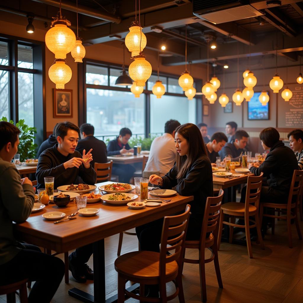 Interior of a bustling and affordable Korean restaurant in Hanoi.