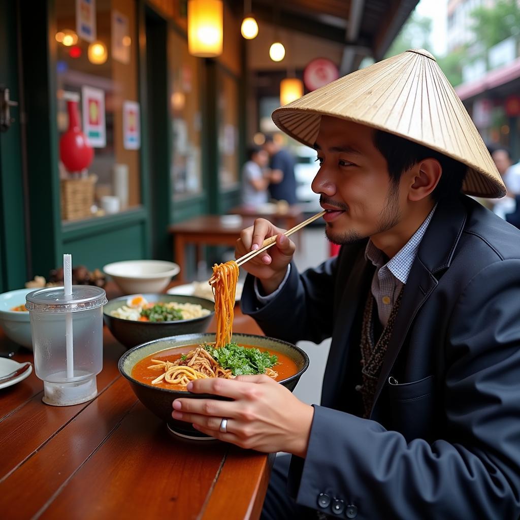 Enjoying Bun Rieu at a local eatery in Hanoi