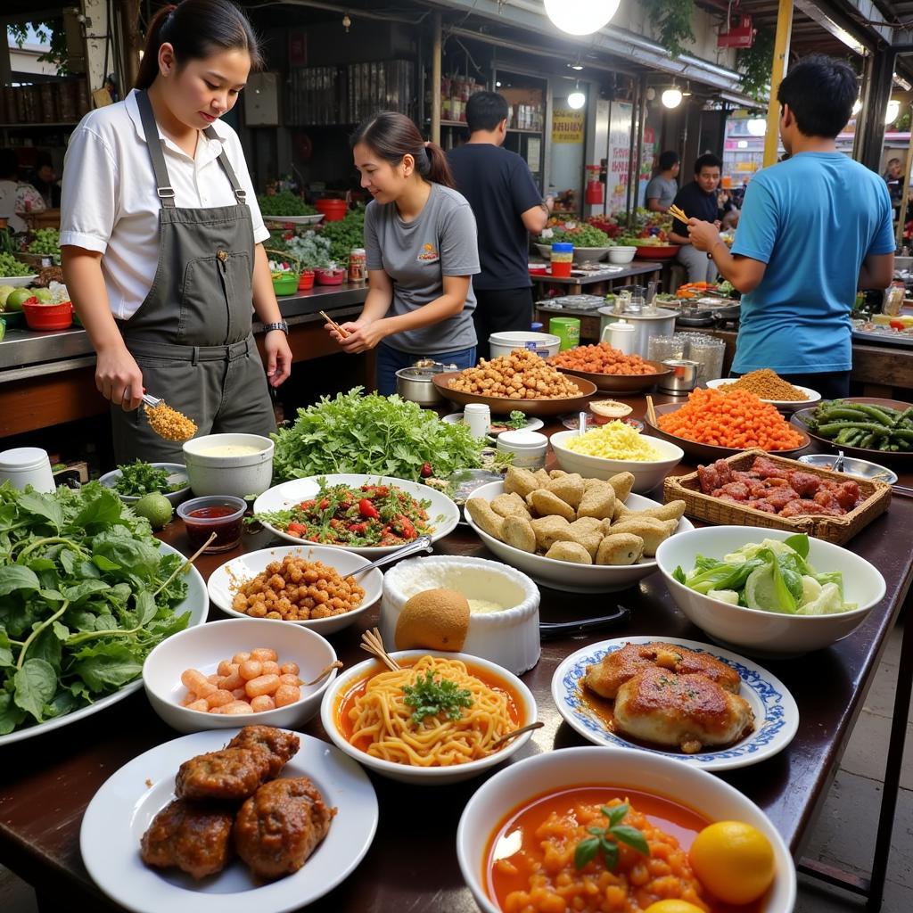 Hanoi Local Market 20k Dinner: A colorful display of fresh produce and prepared food stalls in a local Hanoi market, showcasing affordable meal options for under 20,000 VND.