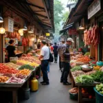 Local market in Hanoi bustling with vendors selling fresh produce, meats, and other goods.