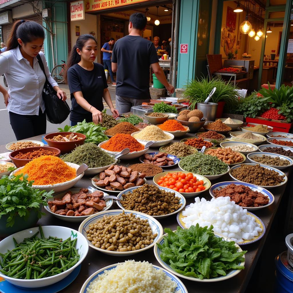 Local market in Hanoi with various exotic ingredients for unpredictable dishes