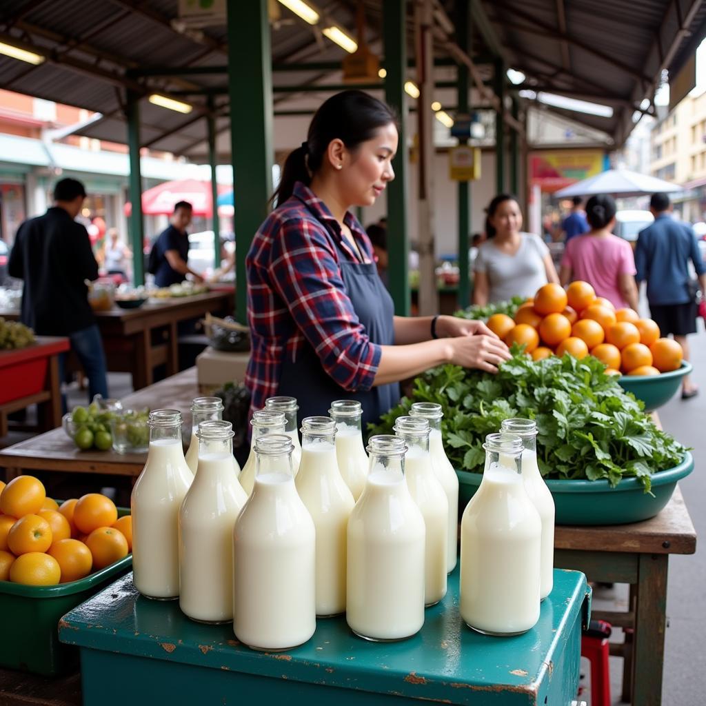 Local vendor selling fresh milk in Hanoi market