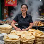 Fresh wonton wrappers for sale at a bustling Hanoi market