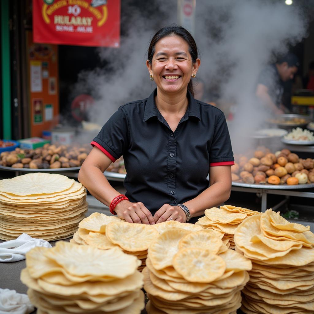 Fresh wonton wrappers for sale at a bustling Hanoi market