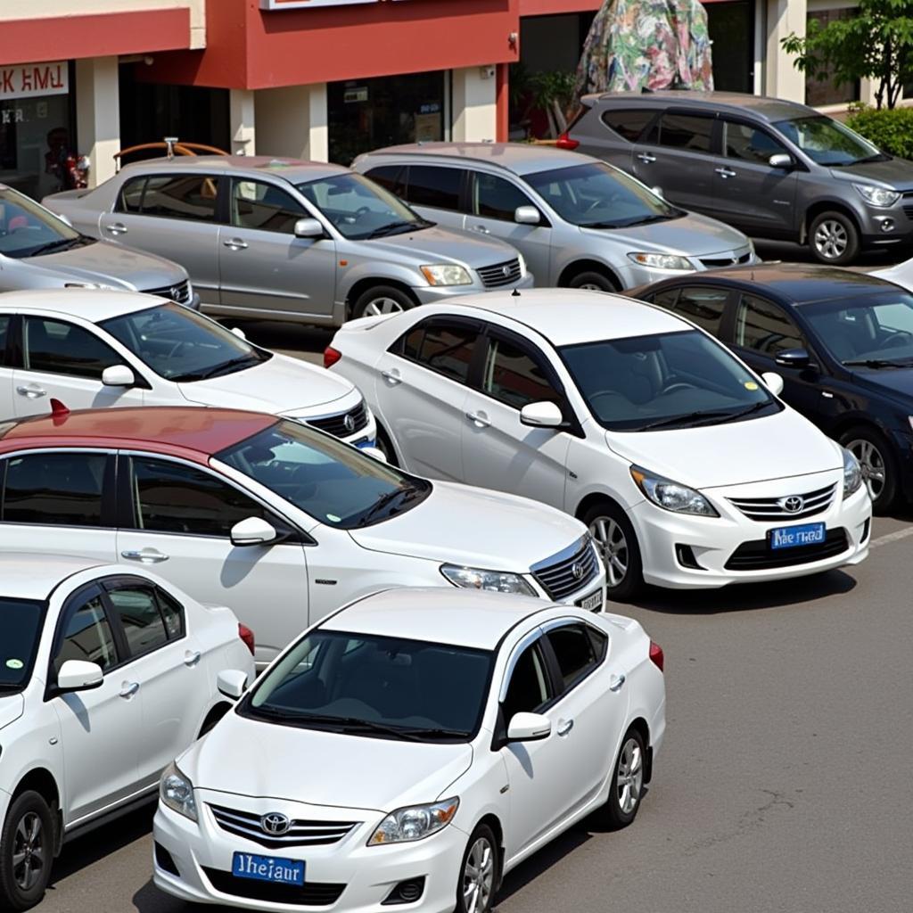 Hanoi long-term car rental options: A variety of vehicles parked at a rental agency, ready for long-term rental. The image showcases different car types available, from compact cars to SUVs, catering to various needs.