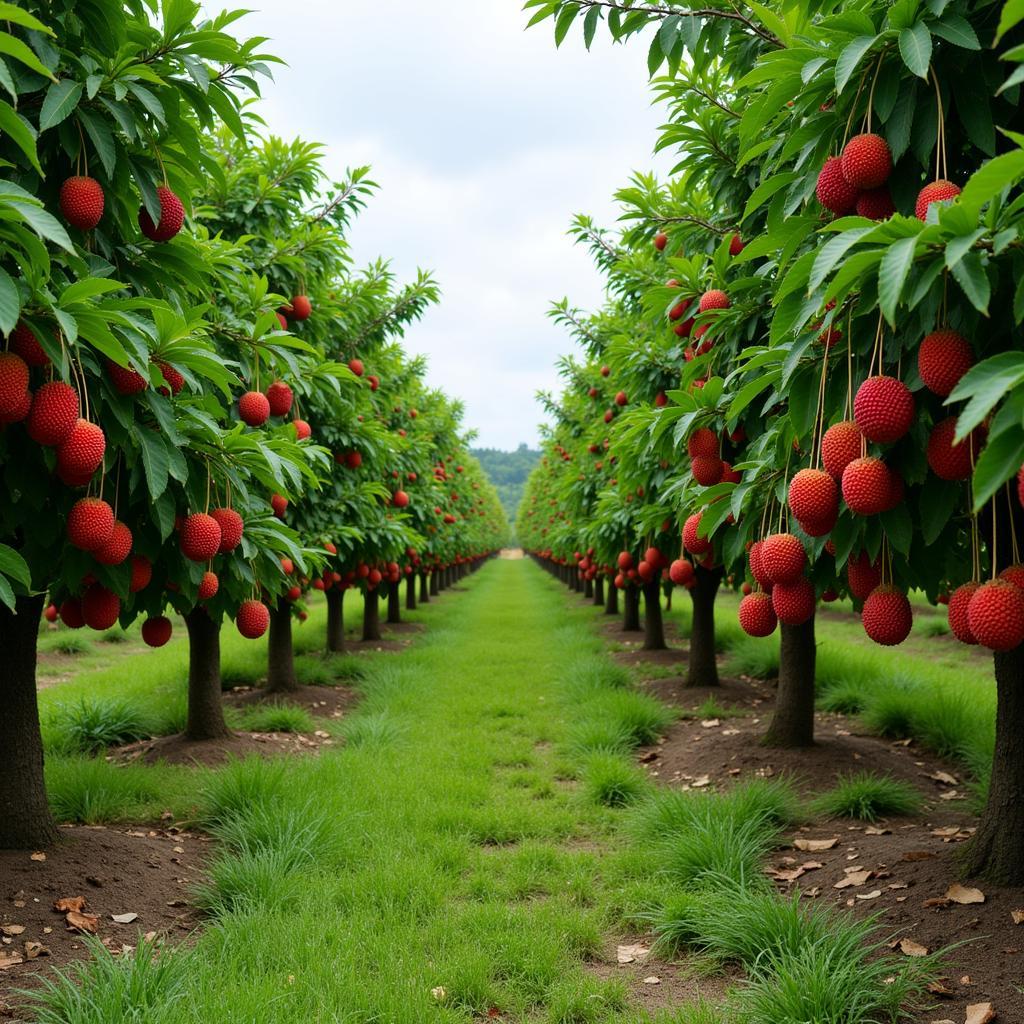 Hanoi Lychee Farm - Rows of lychee trees laden with ripe fruit on a farm near Hanoi, Vietnam