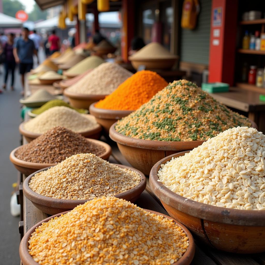 A variety of fresh whole grains on display at a Hanoi market.