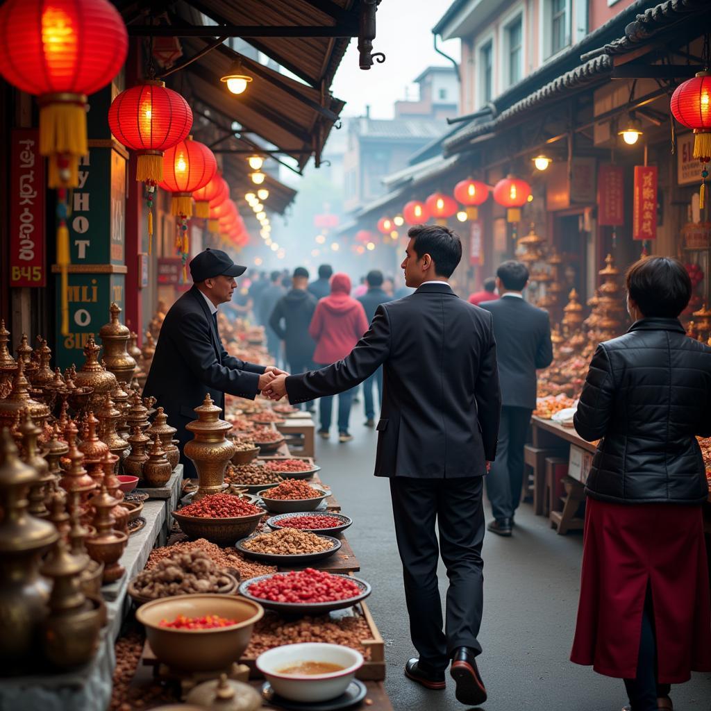 Vendors selling incense burners in a bustling Hanoi market