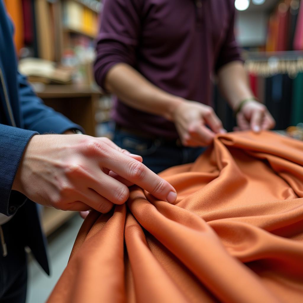 Selecting Fabrics: A customer interacting with a vendor, examining the quality and texture of different fabrics.