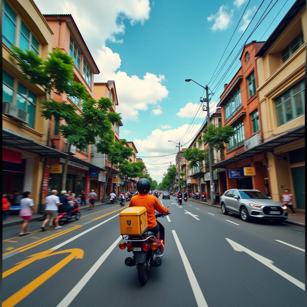 Hanoi Motorbike Taxi Weaving Through Traffic